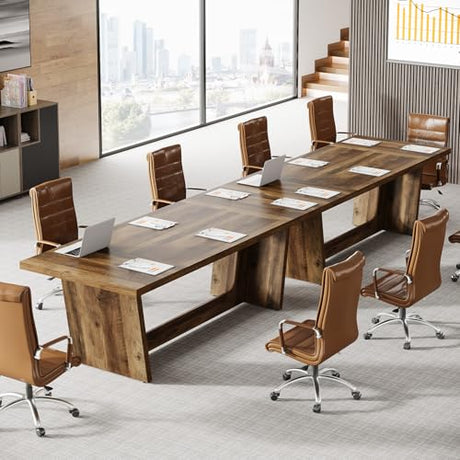 Tribesigns 12FT Conference Table, Modern Meeting Seminar Table for 12-14 Person, Rectangular Solid Executive Business Furniture Boardroom Desk for Office,(Set of 2, Dark Brown) Tribesigns