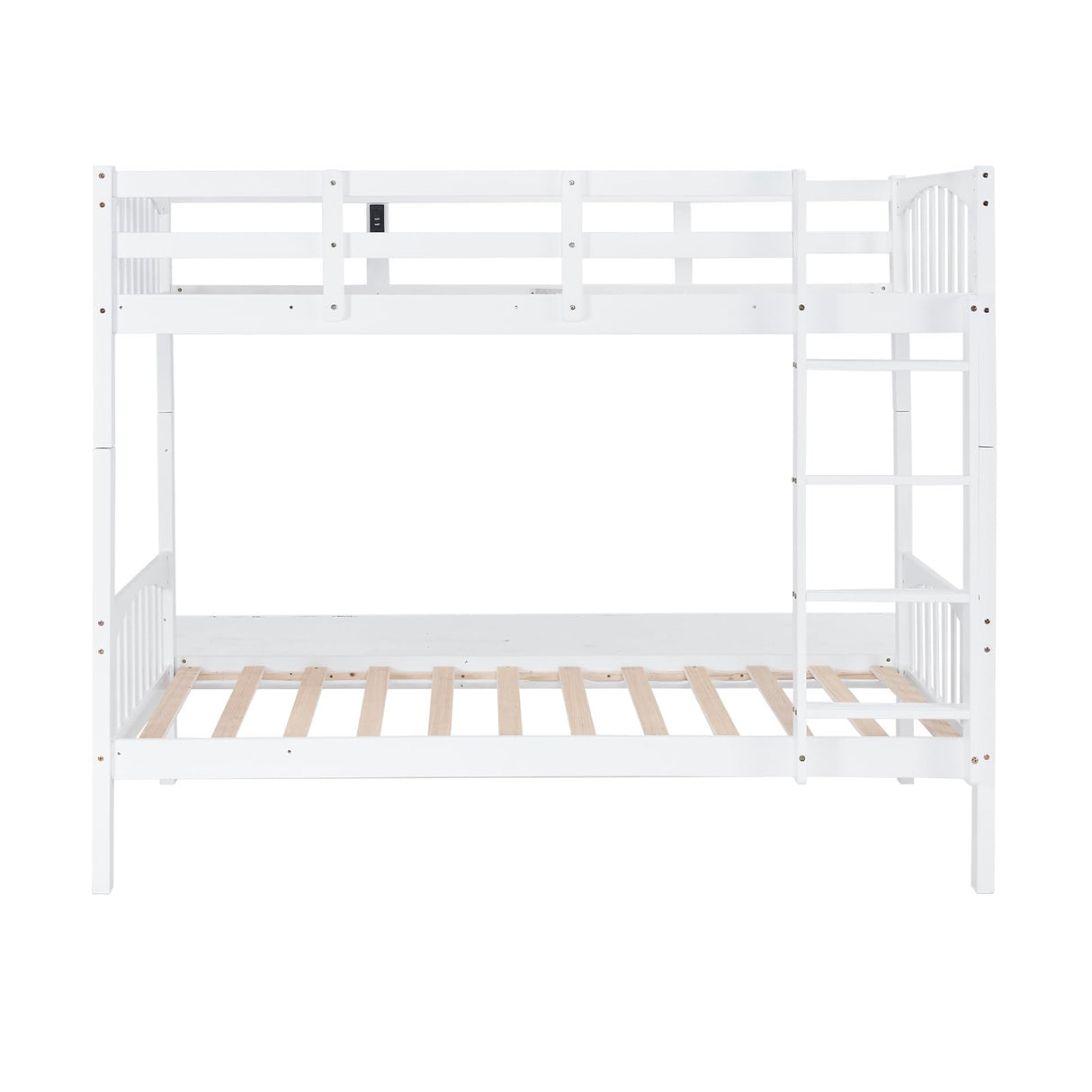 VINGLI Twin Over Twin Solid Wood Bunk Bed with LED Lights, USB Ports, and High Guardrails - White VINGLI