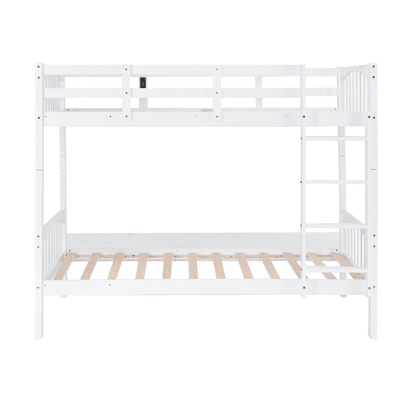 VINGLI Twin Over Twin Solid Wood Bunk Bed with LED Lights, USB Ports, and High Guardrails - White - WoodArtSupply