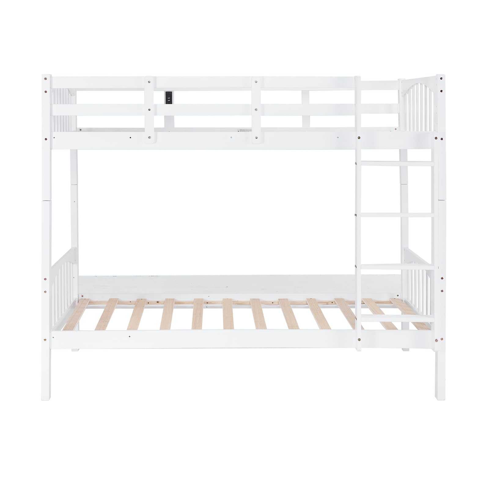 VINGLI Twin Over Twin Solid Wood Bunk Bed with LED Lights, USB Ports, and High Guardrails - White - WoodArtSupply