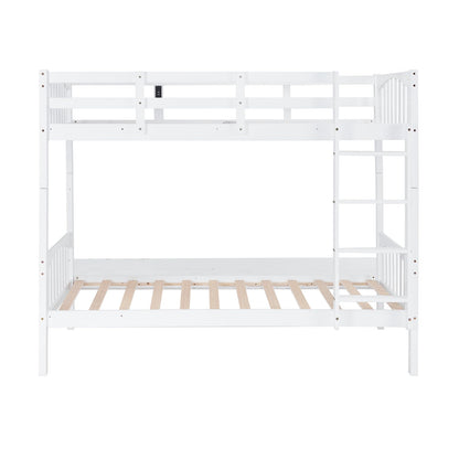 VINGLI Twin Over Twin Solid Wood Bunk Bed with LED Lights, USB Ports, and High Guardrails - White - WoodArtSupply