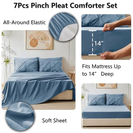 CozyLux King Size Comforter Set Grayish Blue, 7 Pieces Pintuck Bed in A Bag Blue Comforter King Size, Pinch Pleat Bedding Set with All Season Comforter, Sheets, Pillowcases & Shams CozyLux