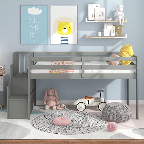 CITYLIGHT Twin Size Low Loft Bed for Kids, Low Loft Bed Wood with Stairs and Storage for Girls, Boys, Wood Slat Support, Gray CITYLIGHT