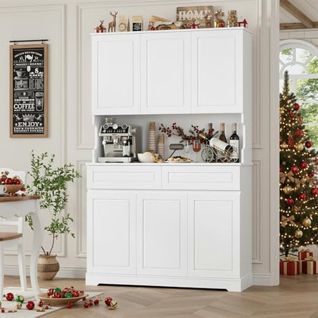 FACBOTALL 74" Pantry Cabinet, Tall Kitchen Pantry Cabinet with 6 Doors and 2 Drawers, Kitchen Hutch with Wide Countertop, Modern Kitchens Cupboard with Adjustable Shelves and Charge Holes, White FACBOTALL