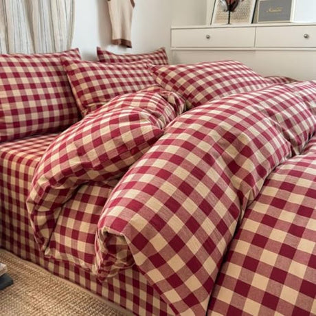 PinkMemory Red Gingham Duvet Cover Set King 100% Washed Cotton Beige Plaid Checkered Duvet Cover Full 3pcs Modern Grid Gingham Bedding Set with Zipper Closure Ultra Soft Breathable PinkMemory