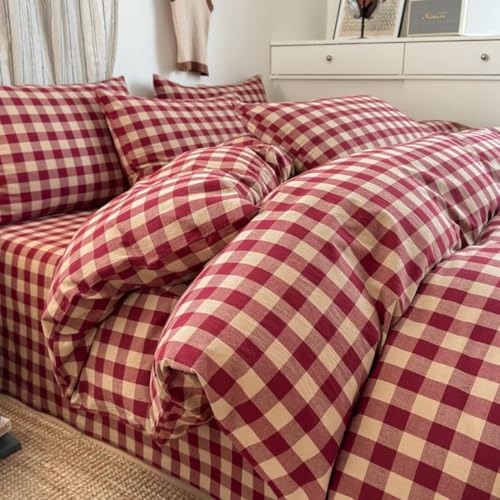 PinkMemory Red Gingham Duvet Cover Set Queen 100% Washed Cotton Beige Plaid Checkered Duvet Cover Full 3pcs Modern Grid Gingham Bedding Set with Zipper Closure Ultra Soft Breathable PinkMemory