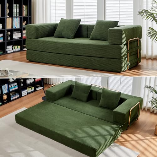 SEQAVRW 79" Boneless Sofa Bed, 5-in-1 No-Assembly Convertible Sleeper Couch with Fixed Frame Armrests, Modular Corduroy Futon, Compressed in a Box for Space Saving (Green, Includes 2 Pillows) SEQAVRW