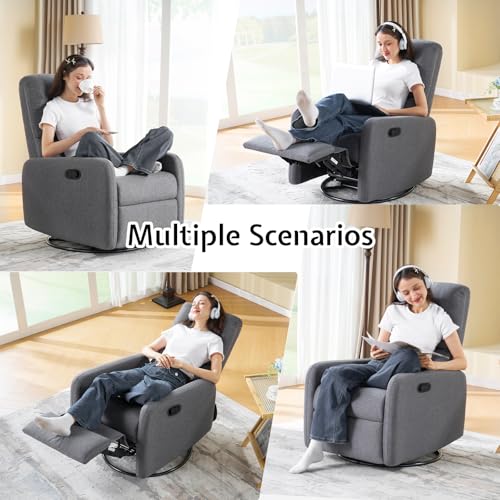 Jocisland Swivel Rocking Chair, Nursery Glider Recliner Chairs for Adults, Rocker for Living Room Bedroom, Comfy Upholstered Modern Nursing Reclining Single Sofa, Grey Linen (No Side Pockets)