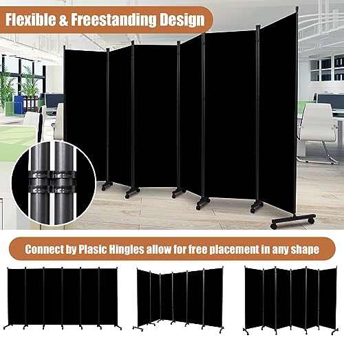 Room Divider Folding Privacy Screens with Wheels, 6FT Tall Divider for Room Separation, Movable Room Partitons and Dividers, Indoor Room Dividers Panel with Fabric (Black, 6 Panel-132‘’-Wheels) HOMSCREENER