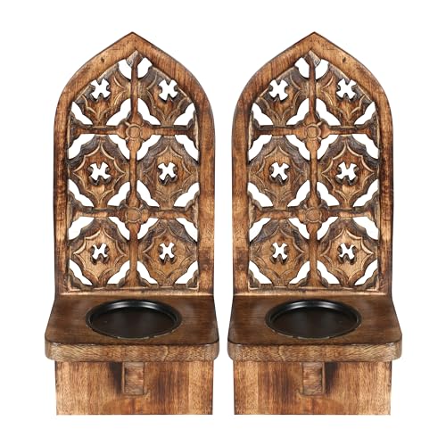 Wall Mounte Candle Sconces Set of 2, Decorative Wooden Candle Holder, Hand Carverd Farmhouse Candle Sconce, Perfect for Living Room Bedroom Bedroom Kitchen Wall Decoration - 16 Inch - Burnt N - WoodArtSupply