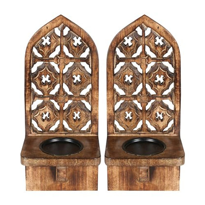 Wall Mounte Candle Sconces Set of 2, Decorative Wooden Candle Holder, Hand Carverd Farmhouse Candle Sconce, Perfect for Living Room Bedroom Bedroom Kitchen Wall Decoration - 16 Inch - Burnt N - WoodArtSupply