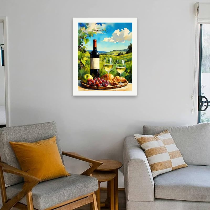 Wine and Food Paint by Numbers Kit for Adults - DIY Vineyard Picnic with Wine and Croissants Painting on Canvas 16x20 Inches, Acrylic Paint Set for Beginners, Art for Home Decoration or Gifts DecorFriday