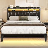 Siihnon Queen Size Bed Frame with 2-Tier Storage Shelves, LED Bed Frame with PU Leather Headboard, Metal Platform Bed with Charging Station, Noise Free, No Box Spring Needed, Easy Assembly, Black Siihnon