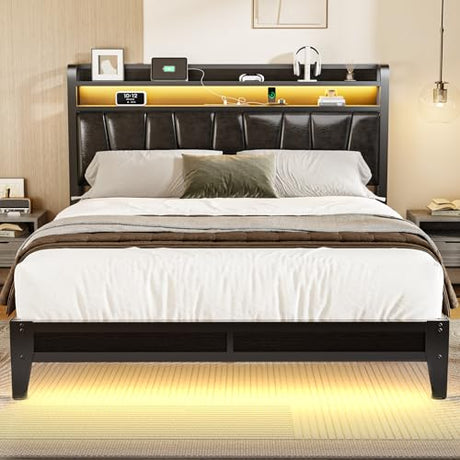 Siihnon Queen Size Bed Frame with 2-Tier Storage Shelves, LED Bed Frame with PU Leather Headboard, Metal Platform Bed with Charging Station, Noise Free, No Box Spring Needed, Easy Assembly, Black Siihnon