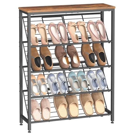 HOOBRO Shoe Rack, 5-Tier Narrow Slanted Shoe Storage Shelf, Slim Shoe Organizer for Front Door Entrance, Garage, Entryway, Holds up to 12-16 Pairs of Shoes, Rustic Brown and Black BF20XJ01 HOOBRO