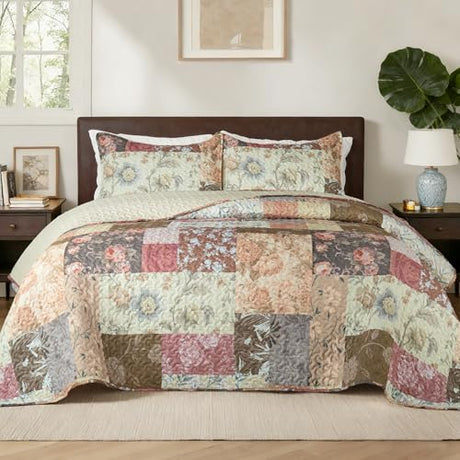 Whale Flotilla Patchwork Quilt King Size, Soft Boho Floral Bedspreads for Bed Reversible Lightweight King Quilt Bedding Set Coverlets with 2 Pillow Shams for All Seasons, Vintage Red Flowers Whale Flotilla