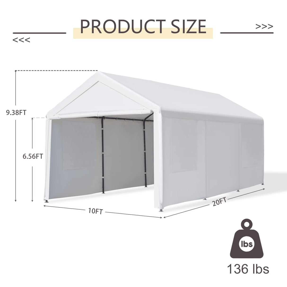 Gardesol Carport, 10' x 20' Heavy Duty Carport with Roll-up Ventilated Windows, Portable Garage with Removable Sidewalls & Doors for Car, Truck, Boat, Car Canopy with All-Season Tarp, White Gardesol