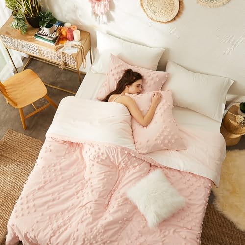 Geniospin Pink Twin Comforter Set for Girls- 5 Pieces Pom Tufted Bed in A Bag Twin Bedding Sets with Sheets, Pillowcases & Shams, All Season Kids Comforter Set Geniospin