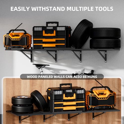 DEYEGELEA 2-Pack Garage Wall Shelves 2x6Ft Garage Storage Shelving Wall Mounted Loads 2000lbs Heavy Duty Sturdy Wall Shelves Strong Garage Organiser Black Metal Floating Storage Racks DEYEGELEA