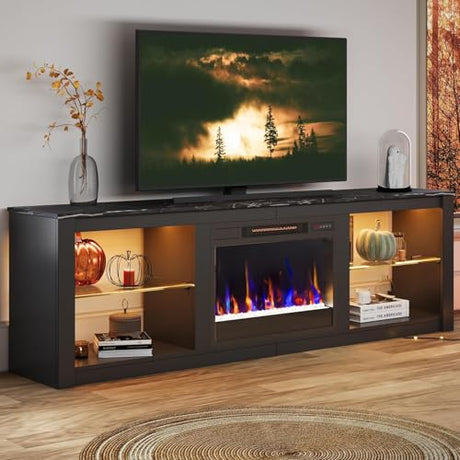 Bestier 63 Inch Modern Fireplace TV Stand for TVs up to 70", LED Entertainment Center with 18" Electric Fireplace Media Console for Living Room with Glass Shelves, Black Marble Bestier