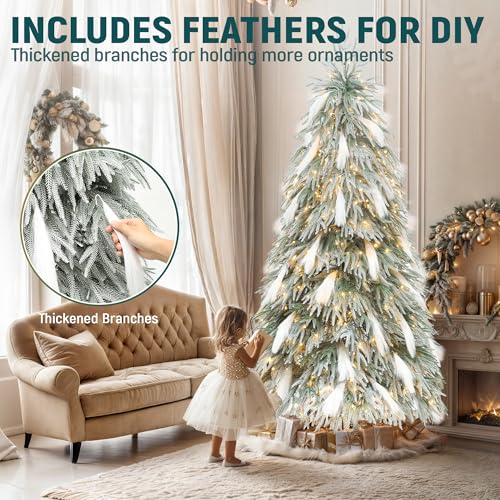 YITAHOME Pre-Lit Flocked Natural Drooping Pampas Christmas Tree, 9ft Snow Flocked Artificial Christmas Tree with 959 PE Branch Tips, 54 Feathers and 900 Lights for Home, Office, Party Decoration