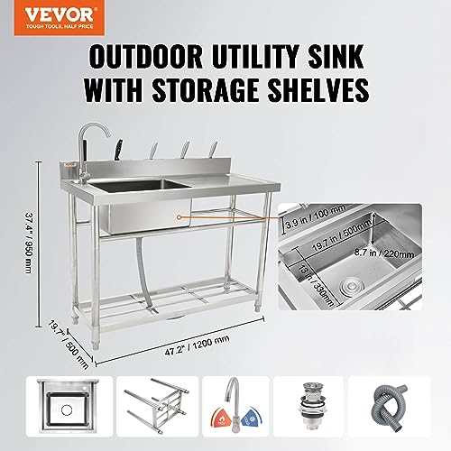 VEVOR Stainless Steel Utility Sink, Free Standing Single Bowl Commercial Kitchen Sink Set w/Workbench, 47 x 19.7 x 37.4 in Commercial Single Bowl Sinks for Garage, Restaurant, Laundry, NSF Certified VEVOR