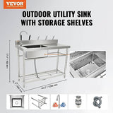 VEVOR Stainless Steel Utility Sink, Free Standing Single Bowl Commercial Kitchen Sink Set w/Workbench, 47 x 19.7 x 37.4 in Commercial Single Bowl Sinks for Garage, Restaurant, Laundry, NSF Certified VEVOR