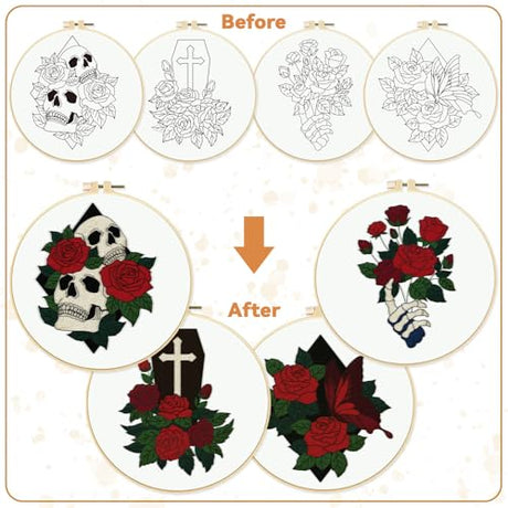 BEUNITONE 4 Set Skull Embroidery kit for Beginners Flower Starter Kits Halloween Skull with Flowers DIY Needlepoint Kit for Adults with Instruction Rose Skull Handmade Embroidery Kits for Gifts BEUNITONE