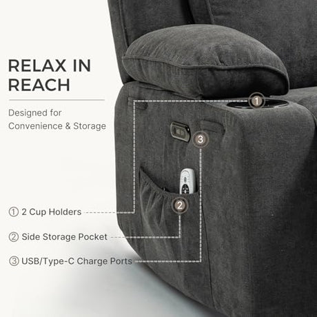 Power Recliner with Rocking, Swivel & Glider - Nursery Chair with One-Touch Button, Vibrating Massage & Heat, USB Charging Ports, Perfect for Nursery, Living Room, or Bedroom Relaxation, Dark Gray BRTHORY