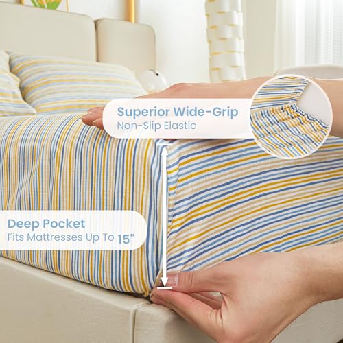 Mooreeke Striped King Bed Sheets, Deep Pocket 4 Piece King Sheet Set, Soft Microfiber Blue Yellow Pinstripe Bedding Sheets & Pillowcases Mooreeke