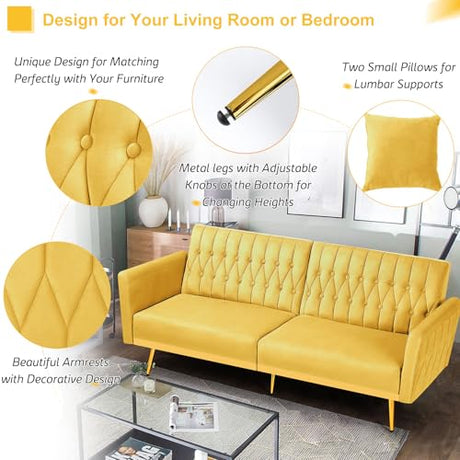 ACMEASE 70” Velvet Futon Sofa Bed w/Adjustable Armrests & 2 Pillows, Convertible Futon Couch w/Adjustable Backrests, Modern Sleeper Bed for Living Room, Bedroom, Yellow ACMEASE