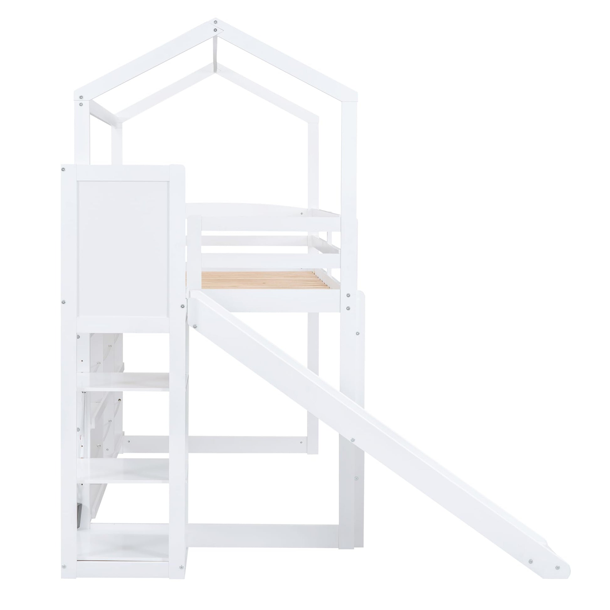 Merax White Twin Size House Loft Bed with Slide and Storage Shelves for Kids - WoodArtSupply