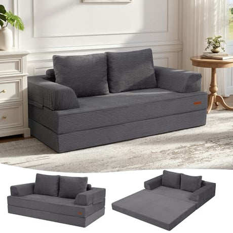 COMAX Convertible Sofa Bed, Folding Floor Couch Corduroy Fold Out Couch Bed Futon Sleeper Mattress with Pillows, Boneless Sofa Comfy Lounge Loveseat for Living Room Bedroom, Grey COMAX