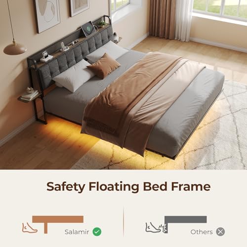 Salamir Queen Floating Bed Frame with LED & Charging Station, Ergonomic Upholstered Headboard with Folding Shelves Storage, Metal Slats Support, No Box Spring Needed, Easy Assembly, Noise-Free, Grey Salamir