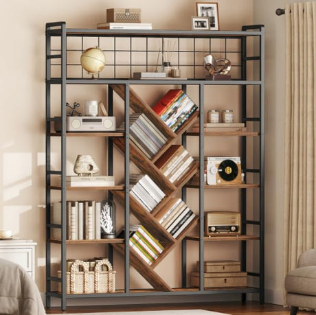 RALGEND Triple 6-Tier Bookshelf, Industrial Large Bookcase with 18 Open Display Shelves, Modern Tree Bookcase with Metal Frame and Hanging Function for Living Room, Home Office, Rustic Brown and Black RALGEND