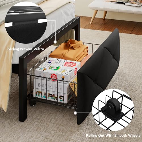 iPormis Twin Bed Frame with Storage Drawers, Linen Upholstered Headboard Platform Bed with Charging Station, No Box Spring Needed, Metal Slats Support, Noise-Free, Easy Assembly, Black iPormis