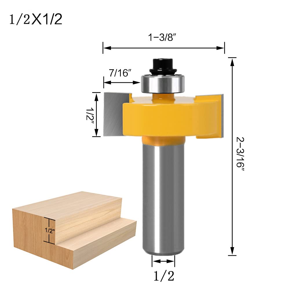 WSOOX 1/2 Inch Shank Rabbet Router Bit Set, 3 Pieces Rabbeting Router Bit with 6 Bearings Set (1/8", 1/4", 5/16", 3/8", 7/16", 1/2" Bearings) (1/2 Inch) WSOOX