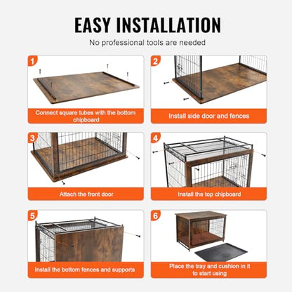 VEVOR Dog Crate Furniture, 32 inch Wooden Dog Crate with Double Doors, Heavy-Duty Dog Cage End Table with Multi-Purpose Removable Tray, Modern Dog Kennel Indoor for Dogs up to 45lb, Rustic Br - WoodArtSupply