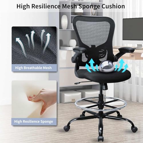 Drafting Chair, Ergonomic Tall Office Chair for Standing Desk, Counter Height Desk Chair with Adjustable Padded Armrests and Footrest Ring Standing Desk Chair Adjustable Height with Lumbar Support TOPBSHODC