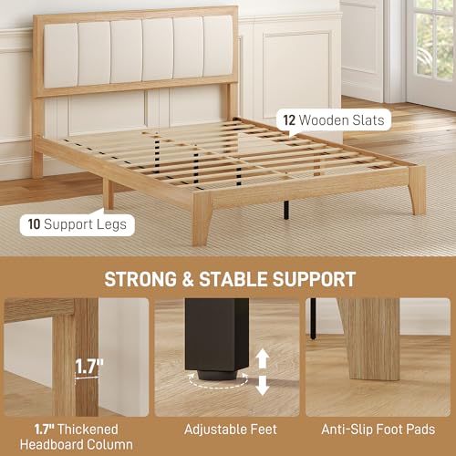 HOMCOM Full Size Bed Frame with Upholstered Headboard, Platform Bed Frame with Wooden Slats, No Box Spring Needed, Easy Assembly, Natural HOMCOM