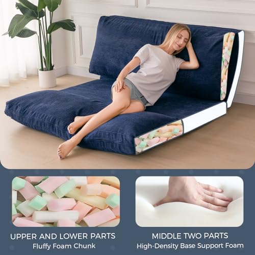 MAXYOYO Folding Sofa Bed, Extra Thick and Long Floor Sofa Convertible Sleeper Chair with Washable Cover, Floor Couch Lounge Bean Bag Bed for Living Room, Navy, 30x95 Inch MAXYOYO