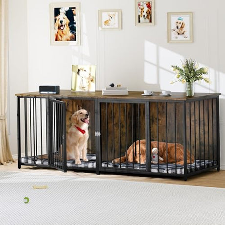 DWVO Double Dog Kennel Furniture, 80.2" Dog Cage Furniture with Divider, Double Dog Crate TV Stand for 2 Medium Dogs, Brown DWVO