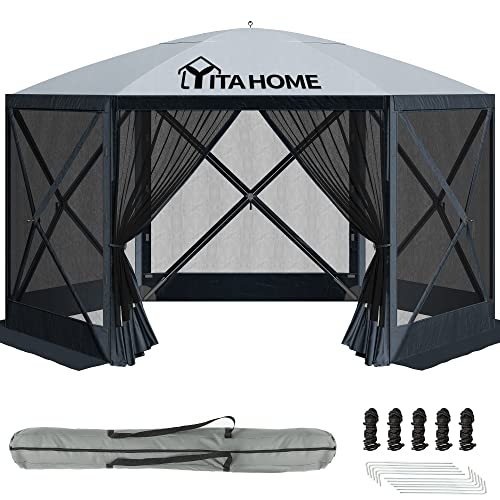 YITAHOME 12x12ft Camping Gazebo, Portable Pop Up Canopy Outdoor Screen Tent 6 Sided with Mesh Windows and Carry Bag for Camping, Picnic, Backyard Party Outside Activities, Gray YITAHOME