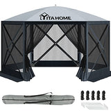 YITAHOME 12x12ft Camping Gazebo, Portable Pop Up Canopy Outdoor Screen Tent 6 Sided with Mesh Windows and Carry Bag for Camping, Picnic, Backyard Party Outside Activities, Gray YITAHOME