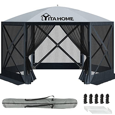 YITAHOME 12x12ft Camping Gazebo, Portable Pop Up Canopy Outdoor Screen Tent 6 Sided with Mesh Windows and Carry Bag for Camping, Picnic, Backyard Party Outside Activities, Gray YITAHOME
