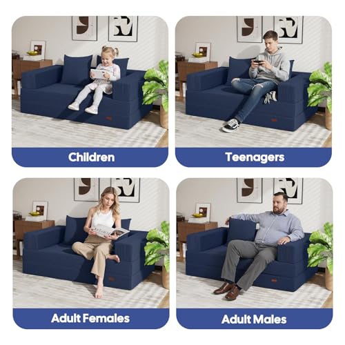 COMAX Futon Sofa Bed, 4‑in‑1 Convertible Sofa Bed, Folding Boneless Couches for Living Room, Fold Out Small Foldable Loveseat Floor Sleeper Comfy Mattress Lounge Space‑Saving, Navy Blue COMAX