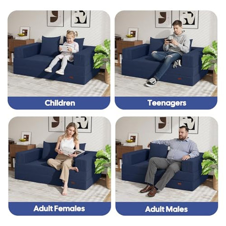 COMAX Futon Sofa Bed, 4‑in‑1 Convertible Sofa Bed, Folding Boneless Couches for Living Room, Fold Out Small Foldable Loveseat Floor Sleeper Comfy Mattress Lounge Space‑Saving, Navy Blue COMAX