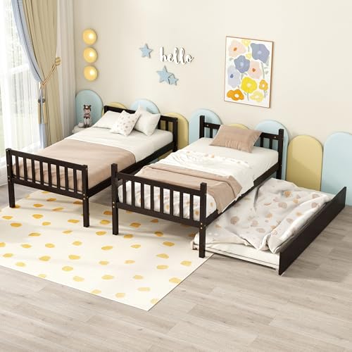 Bellemave Twin Over Twin Bunk Bed with Trundle,Convertible Bunk Beds with Ladder & Safety Guardrails,Twin Size Bunk Beds for Kids Girls Boys,Espresso Bellemave