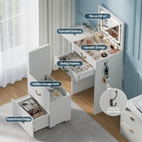 FURSUN 3-in-1 Vanity with Flip Mirror & Lights, Fluted Compact Vanity Table with 3 Drawers, Storage Compartment and Rolling Stool, Modern Small Makeup Vanity for Bedroom, Powder Room, Solid White FURSUN
