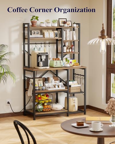 Kitsure Baker's Rack with Power Outlet - Storage Rack with Kitchen Shelves and 12 Hooks, Versatile Coffee Bar and Microwave Stand for Appliances, Pantry, Home Organization,Brown, 38.0" x 15.5" x 67.0"